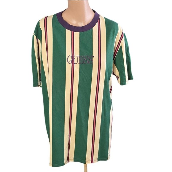 Guess Originals Shirt Mens M Green Purple Striped Embroidered Crewneck Preppy - Picture 1 of 9